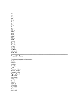 101,
205,
309,
356,
489,
581,
691,
789,
837,
992,
1,001,
2,469,
3,590,
5,698,
6,890,
7,008,
8,109
10,890
25,369,
98,520,
70,002,
10,890,
1,000560,
8,006,890,
9,000,560
------------------------------------------------------------------------------------------------------------------------
Article #119 Money
American money and Canadian money
Dollar
1 dollar
5 dollars
10dollars
Cent
A quarter 25cents
A dime 10cents
A nickel 5cents
A penny 1 cent
100 dollars
200 dollars
1000 dollars
125.23
562.07
1,000.98
50,000.21
98,006.89
25.25
288,456.39
 