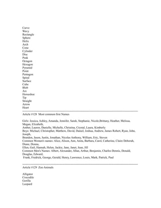 Curve
Wavy
Rectangle
Sphere
Helix
Arch
Cone
Cylinder
Disc
Peak
Octagon
Hexagon
Pyramid
Point
Pentagon
Spiral
Surface
Cube
Blob
Arc
Horseshoe
Tip
Straight
Arrow
Heart
------------------------------------------------------------------------------------------------------------------------
Article #128 Most common first Names
Girls: Jessica, Ashley, Amanda, Jennifer, Sarah, Stephanie, Nicole,Brittany, Heather, Melissa,
Megan, Elizabeth,
Amber, Lauren, Danielle, Michelle, Christina, Crystal, Laura, Kimberly
Boys: Michael, Christopher, Matthew, David, Daniel, Joshua, Andrew, James Robert, Ryan, John,
Joseph,
Brandon, Jason, Justin, Jonathan, Nicolas Anthony, William, Eric, Steven
Common Women's names: Alice, Alison, Ann, Anita, Barbara, Carol, Catherine, Claire Deborah,
Diane, Donna,
Ellen, Gail, Hannah, Helen, Jackie, Jane, Janet, Jean, Jill
Common Men's Names: Albert, Alexander, Allan, Arthur, Benjamin, Charles Dennis, Donald,
Douglas, Edward,
Frank, Fredrick, George, Gerald, Henry, Lawrence, Louis, Mark, Patrick, Paul
------------------------------------------------------------------------------------------------------------------------
Article #129 Zoo Animals
Alligator
Crocodile
Gorilla
Leopard
 