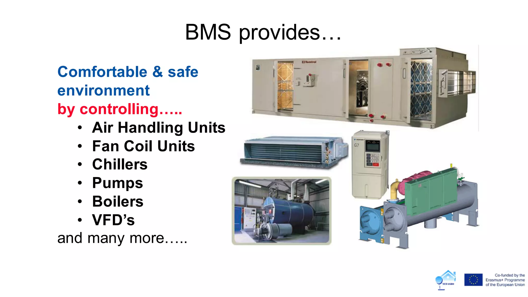 BMS provides…
Comfortable & safe
environment
by controlling…..
• Air Handling Units
• Fan Coil Units
• Chillers
• Pumps
• Boilers
• VFD’s
and many more…..
 