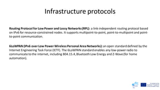 Infrastructure protocols
Routing Protocol for LowPower and Lossy Networks(RPL): a link-independent routing protocol based
on IPv6 for resource-constrained nodes. It supports multipoint-to-point, point-to-multipoint and point-
to-point communication.
6LoWPAN (IPv6 over Low Power Wireless Personal AreaNetworks): an open standarddefined by the
Internet Engineering Task Force (IETF). The 6LoWPAN standardenables any low-power radio to
communicate to the internet, including 804.15.4,Bluetooth Low Energy and Z-Wave(for home
automation).
 