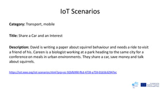 IoT Scenarios
Category: Transport, mobile
Title: Share a Car and an Interest
Description: David is writing a paper about squirrel behaviour and needs a ride to visit
a friend of his. Careen is a biologist working at a park heading to the same city for a
conference on meals in urban environments. They share a car, save money and talk
about squirrels.
https://iot.ieee.org/iot-scenarios.html?prp=oc-92bfb990-ffcd-4739-a759-01b5b32947ec
 