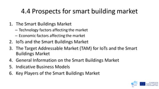 4.4 Prospects for smart building market
1. The Smart Buildings Market
– Technology factors affecting the market
– Economic factors affecting the market
2. IoTs and the Smart Buildings Market
3. The Target Addressable Market (TAM) for IoTs and the Smart
Buildings Market
4. General Information on the Smart Buildings Market
5. Indicative Business Models
6. Key Players of the Smart Buildings Market
 