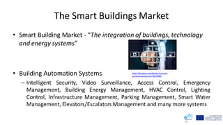 The Smart Buildings Market
• Smart Building Market - “The integration of buildings, technology
and energy systems”
• Building Automation Systems
– Intelligent Security, Video Surveillance, Access Control, Emergency
Management, Building Energy Management, HVAC Control, Lighting
Control, Infrastructure Management, Parking Management, Smart Water
Management, Elevators/Escalators Management and many more systems
https://pixabay.com/photos/success-
curve-arrow-turn-on-2917048/
 