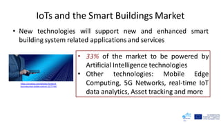 IoTs and the Smart Buildings Market
• New technologies will support new and enhanced smart
building system related applications and services
• 33% of the market to be powered by
Artificial Intelligence technologies
• Other technologies: Mobile Edge
Computing, 5G Networks, real-time IoT
data analytics, Asset tracking and more
https://pixabay.com/photos/forward-
businessman-tablet-control-3277744/
 