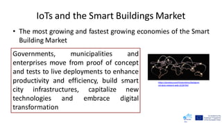 IoTs and the Smart Buildings Market
• The most growing and fastest growing economies of the Smart
Building Market
Governments, municipalities and
enterprises move from proof of concept
and tests to live deployments to enhance
productivity and efficiency, build smart
city infrastructures, capitalize new
technologies and embrace digital
transformation
https://pixabay.com/illustrations/backgrou
nd-data-network-web-3228704/
 