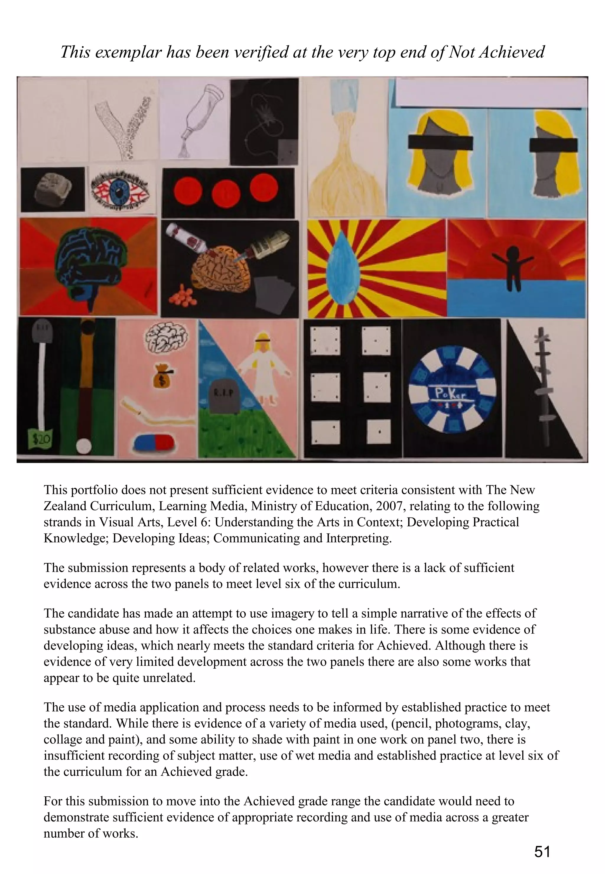 51
This exemplar has been verified at the very top end of Not Achieved
This portfolio does not present sufficient evidence to meet criteria consistent with The New
Zealand Curriculum, Learning Media, Ministry of Education, 2007, relating to the following
strands in Visual Arts, Level 6: Understanding the Arts in Context; Developing Practical
Knowledge; Developing Ideas; Communicating and Interpreting.
The submission represents a body of related works, however there is a lack of sufficient
evidence across the two panels to meet level six of the curriculum.
The candidate has made an attempt to use imagery to tell a simple narrative of the effects of
substance abuse and how it affects the choices one makes in life. There is some evidence of
developing ideas, which nearly meets the standard criteria for Achieved. Although there is
evidence of very limited development across the two panels there are also some works that
appear to be quite unrelated.
The use of media application and process needs to be informed by established practice to meet
the standard. While there is evidence of a variety of media used, (pencil, photograms, clay,
collage and paint), and some ability to shade with paint in one work on panel two, there is
insufficient recording of subject matter, use of wet media and established practice at level six of
the curriculum for an Achieved grade.
For this submission to move into the Achieved grade range the candidate would need to
demonstrate sufficient evidence of appropriate recording and use of media across a greater
number of works.
 