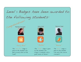 Level 1 Badges have been awarded to
the following students:
ns!
o
lati

u
rat Rachele Travaglini
ong

C

“Early Bird”
The “Early Bird” badge is
given to the student who
gets an early start on the
week!

Ishay Uziel

Spencer Cape

“Jester”

“Boom”

The “Jester” badge is given
to the student who
brings it creatively with a
great sense of humor!

The “Boom” badge is
given to the student
who nails the course
concepts!

 