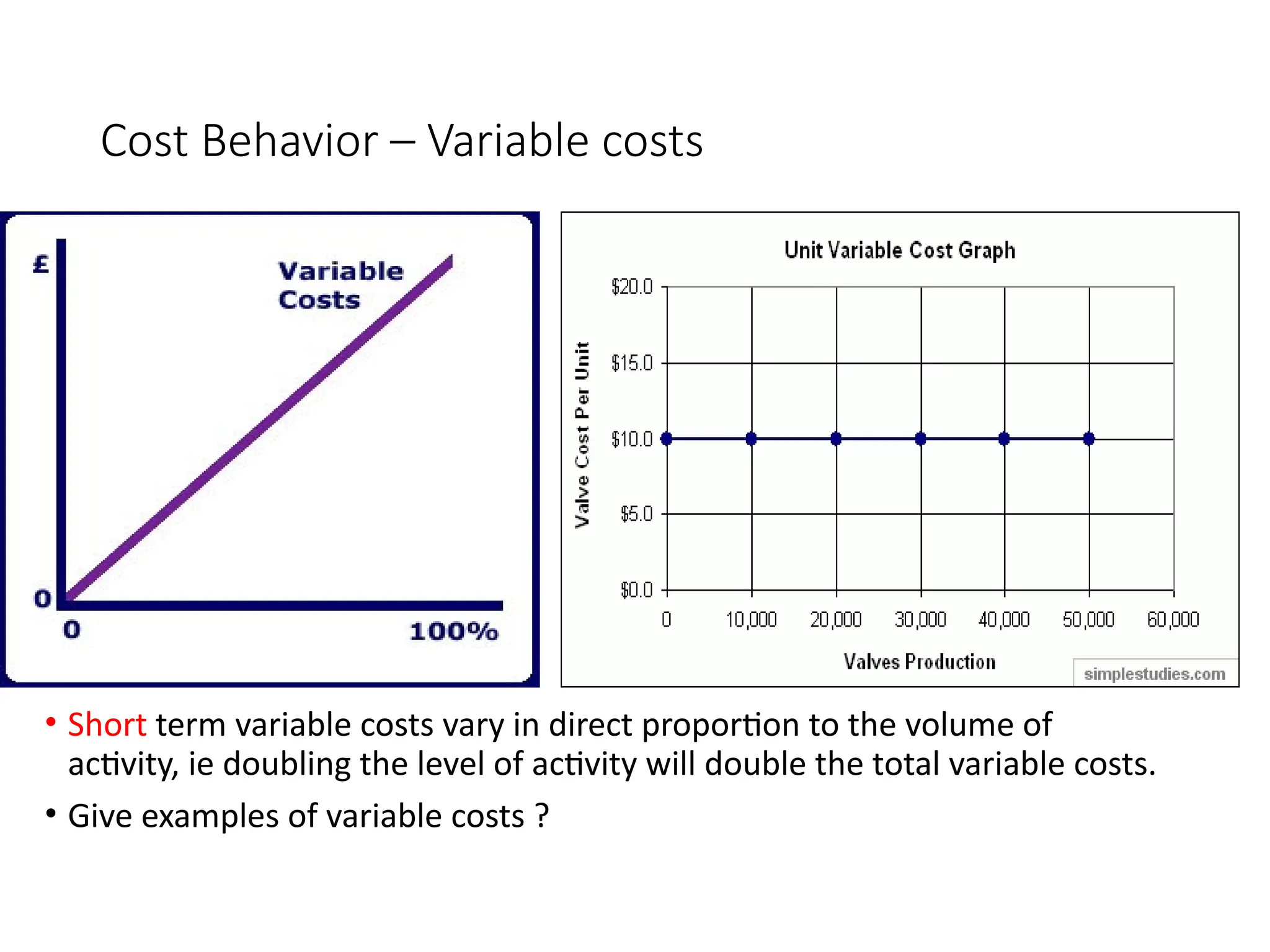 Cost Behavior – Variable costs
• Short term variable costs vary in direct proportion to the volume of
activity, ie doubling the level of activity will double the total variable costs.
• Give examples of variable costs ?
 