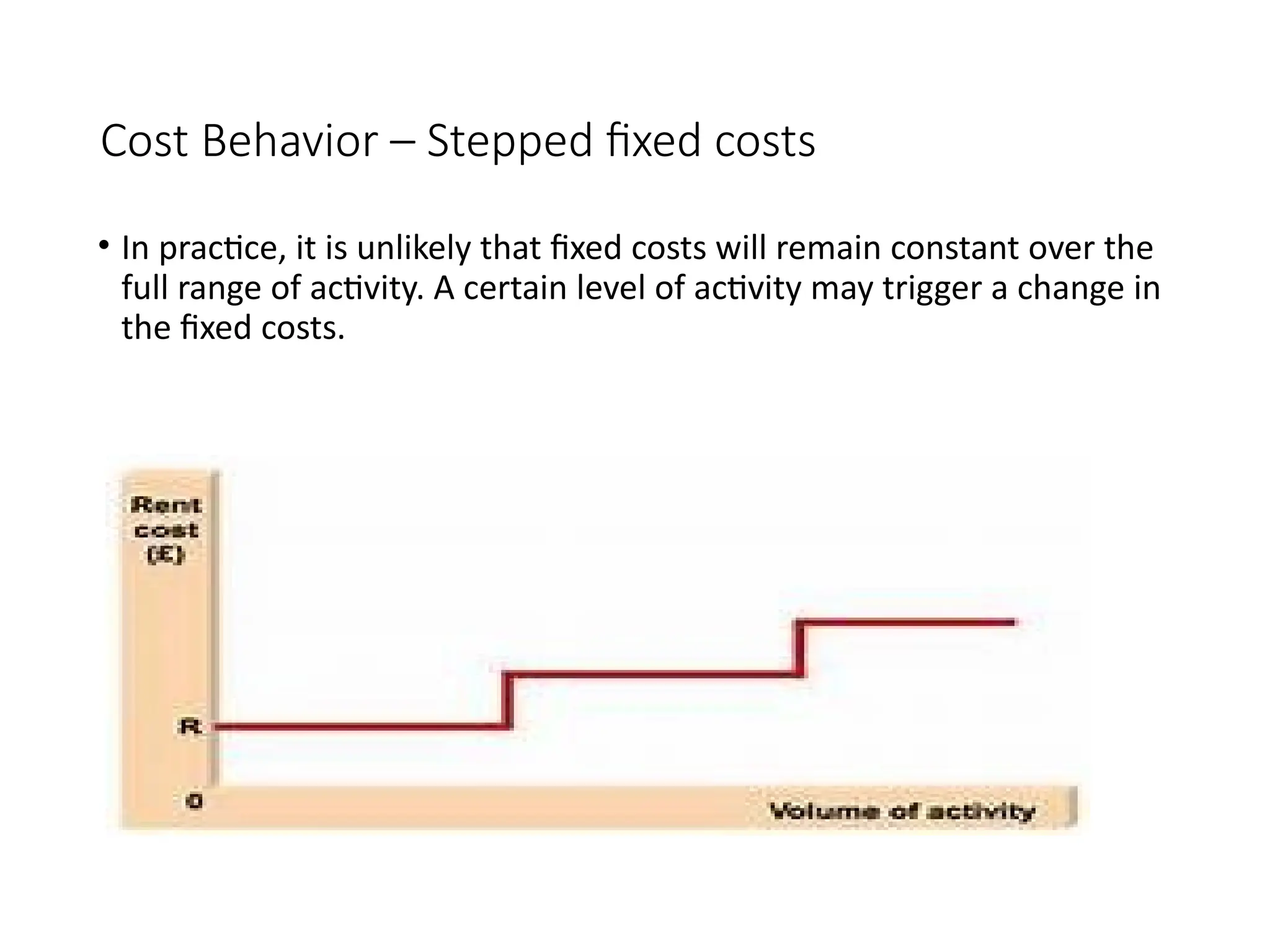 Cost Behavior – Stepped fixed costs
• In practice, it is unlikely that fixed costs will remain constant over the
full range of activity. A certain level of activity may trigger a change in
the fixed costs.
 