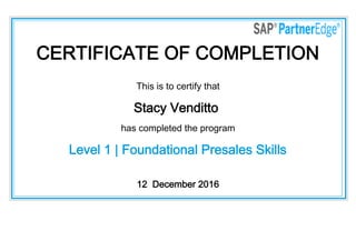 CERTIFICATE OF COMPLETION
This is to certify that
Stacy Venditto
has completed the program
Level 1 | Foundational Presales Skills
12  December 2016
 