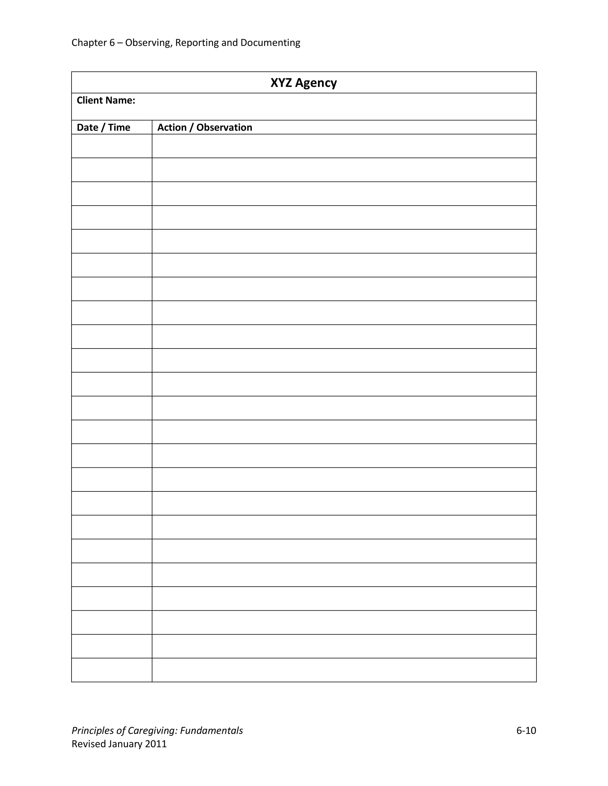 Chapter 6 – Observing, Reporting and Documenting


                                          XYZ Agency
 Client Name:

 Date / Time       Action / Observation




Principles of Caregiving: Fundamentals                 6-10
Revised January 2011
 
