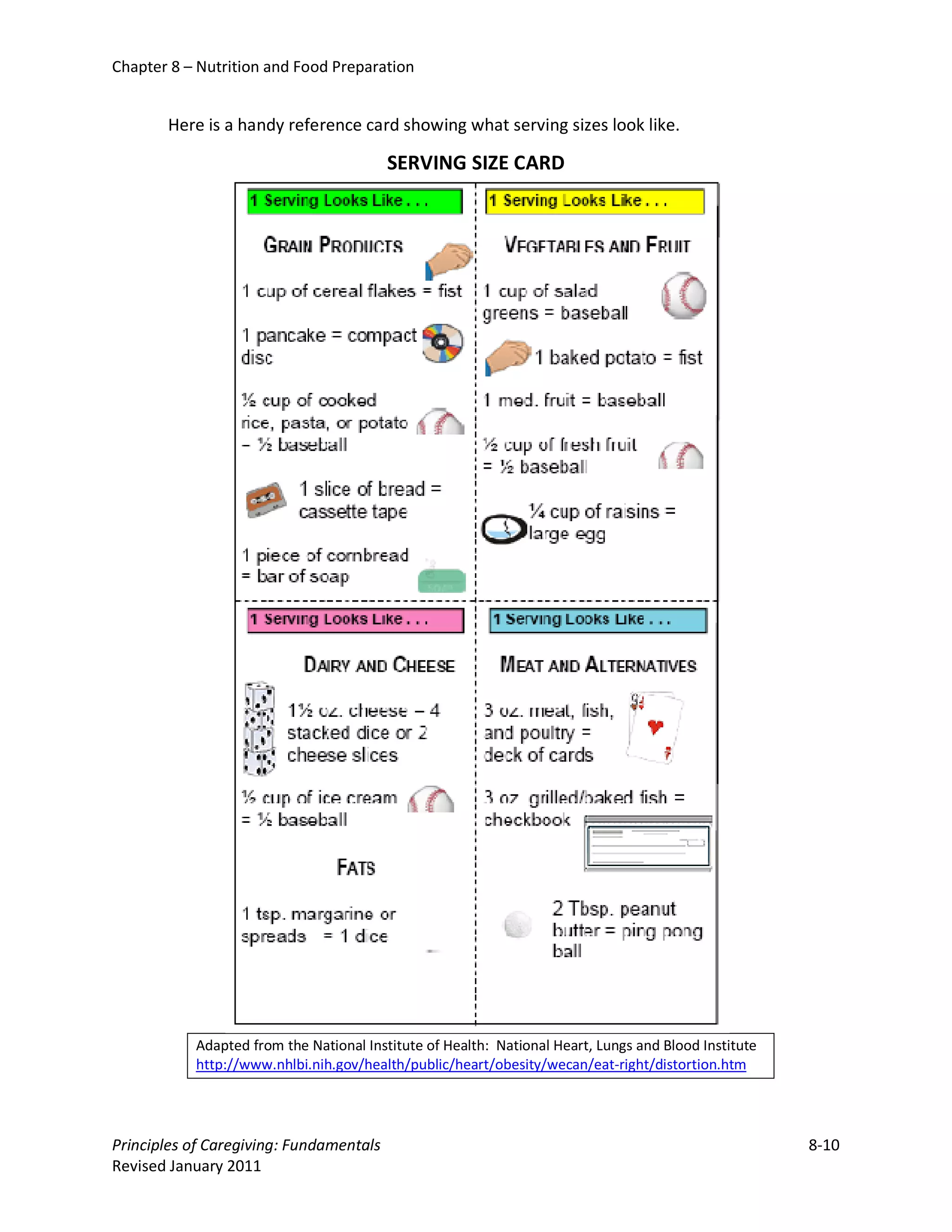 Chapter 8 – Nutrition and Food Preparation


       Here is a handy reference card showing what serving sizes look like.

                                         SERVING SIZE CARD




           Adapted from the National Institute of Health: National Heart, Lungs and Blood Institute
           http://www.nhlbi.nih.gov/health/public/heart/obesity/wecan/eat-right/distortion.htm




Principles of Caregiving: Fundamentals                                                                8-10
Revised January 2011
 