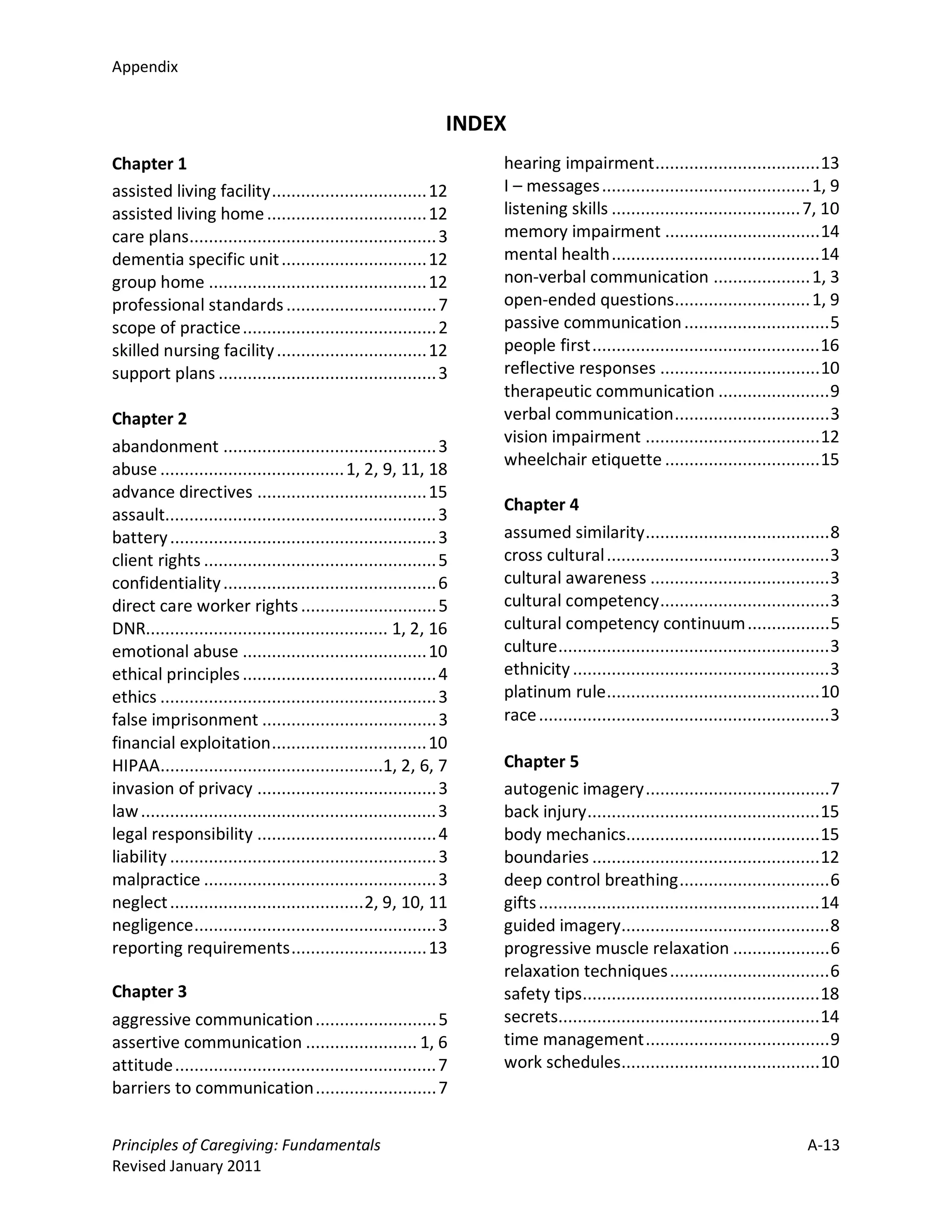 Appendix


                                                                  INDEX
Chapter 1                                                             hearing impairment .................................. 13
assisted living facility ................................ 12          I – messages ........................................... 1, 9
assisted living home ................................. 12             listening skills ....................................... 7, 10
care plans................................................... 3       memory impairment ................................ 14
dementia specific unit .............................. 12              mental health ........................................... 14
group home ............................................. 12           non-verbal communication .................... 1, 3
professional standards ............................... 7              open-ended questions............................ 1, 9
scope of practice ........................................ 2          passive communication .............................. 5
skilled nursing facility ............................... 12           people first ............................................... 16
support plans ............................................. 3         reflective responses ................................. 10
                                                                      therapeutic communication ....................... 9
Chapter 2                                                             verbal communication ................................ 3
                                                                      vision impairment .................................... 12
abandonment ............................................ 3
                                                                      wheelchair etiquette ................................ 15
abuse ...................................... 1, 2, 9, 11, 18
advance directives ................................... 15
                                                                      Chapter 4
assault........................................................ 3
battery ....................................................... 3     assumed similarity ...................................... 8
client rights ................................................ 5      cross cultural .............................................. 3
confidentiality ............................................ 6        cultural awareness ..................................... 3
direct care worker rights ............................ 5              cultural competency ................................... 3
DNR.................................................. 1, 2, 16        cultural competency continuum ................. 5
emotional abuse ...................................... 10             culture ........................................................ 3
ethical principles ........................................ 4         ethnicity ..................................................... 3
ethics ......................................................... 3    platinum rule ............................................ 10
false imprisonment .................................... 3             race ............................................................ 3
financial exploitation ................................ 10
HIPAA..............................................1, 2, 6, 7         Chapter 5
invasion of privacy ..................................... 3           autogenic imagery ...................................... 7
law ............................................................. 3   back injury ................................................ 15
legal responsibility ..................................... 4          body mechanics........................................ 15
liability ....................................................... 3   boundaries ............................................... 12
malpractice ................................................ 3        deep control breathing ............................... 6
neglect ........................................ 2, 9, 10, 11         gifts .......................................................... 14
negligence .................................................. 3       guided imagery........................................... 8
reporting requirements ............................ 13                progressive muscle relaxation .................... 6
                                                                      relaxation techniques ................................. 6
Chapter 3                                                             safety tips................................................. 18
aggressive communication ......................... 5                  secrets...................................................... 14
assertive communication ....................... 1, 6                  time management ...................................... 9
attitude ...................................................... 7     work schedules......................................... 10
barriers to communication ......................... 7


Principles of Caregiving: Fundamentals                                                                                            A-13
Revised January 2011
 
