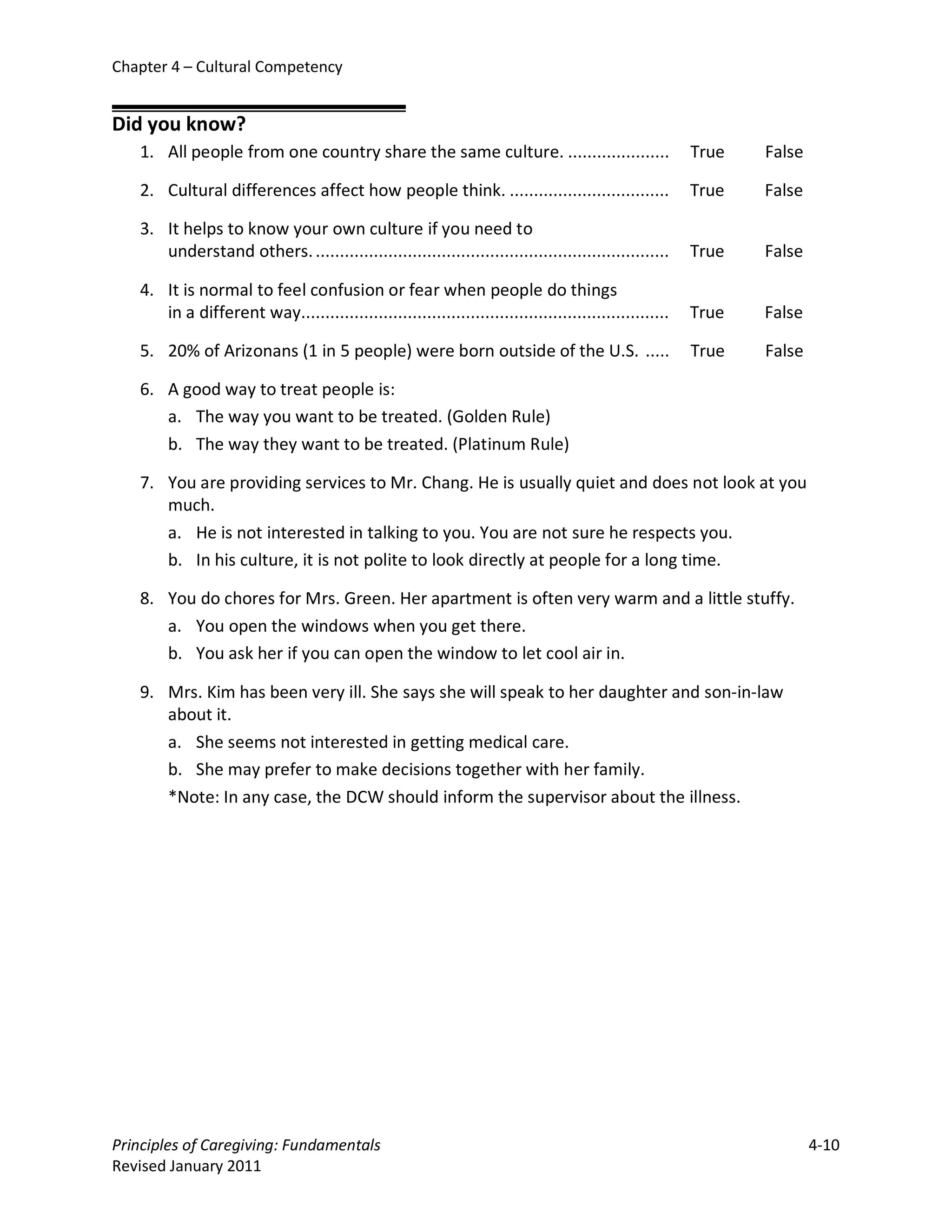 Chapter 4 – Cultural Competency


Did you know?
   1. All people from one country share the same culture. .....................                        True   False

   2. Cultural differences affect how people think. .................................                  True   False

   3. It helps to know your own culture if you need to
      understand others. .........................................................................     True   False

   4. It is normal to feel confusion or fear when people do things
      in a different way............................................................................   True   False

   5. 20% of Arizonans (1 in 5 people) were born outside of the U.S. .....                             True   False

   6. A good way to treat people is:
      a. The way you want to be treated. (Golden Rule)
      b. The way they want to be treated. (Platinum Rule)

   7. You are providing services to Mr. Chang. He is usually quiet and does not look at you
      much.
      a. He is not interested in talking to you. You are not sure he respects you.
      b. In his culture, it is not polite to look directly at people for a long time.

   8. You do chores for Mrs. Green. Her apartment is often very warm and a little stuffy.
      a. You open the windows when you get there.
      b. You ask her if you can open the window to let cool air in.

   9. Mrs. Kim has been very ill. She says she will speak to her daughter and son-in-law
      about it.
      a. She seems not interested in getting medical care.
      b. She may prefer to make decisions together with her family.
      *Note: In any case, the DCW should inform the supervisor about the illness.




Principles of Caregiving: Fundamentals                                                                                4-10
Revised January 2011
 