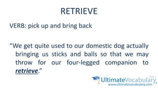 RETRIEVE
VERB: pick up and bring back
“We get quite used to our domestic dog actually
bringing us sticks and balls so that we may
throw for our four-legged companion to
retrieve.”
 