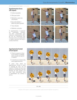 Guia de treinamento CrossFit | Movimentos
V1.0_20150615.KWV1.0_20150615.KW
37 de 124
Copyright © 2015 CrossFit, Inc. Todos os direitos reservados. CrossFit é uma marca registrada ® da CrossFit, Inc.
Agachamentos livres
(Air Squat)
•	 Costas arqueadas
•	 Olhe para frente
•	 Mantenha o peso nos
calcanhares
•	 Boa profundidade =
abaixo do plano paralelo
•	 Tórax elevado
•	 Abdômen contraído
O agachamento é essencial
ao movimento humano,
um fator comprovado para
melhorar o desempenho, além
de ser um movimento que
funciona como um portal para
o melhor exercício de força e
condicionamento.
Agachamento frontal
(Front Squat)
•	 A barra se apoia no tórax
e nos ombros e a pegada
solta; posição de suporte
(“racked”)
•	 A mecânica é a mesma dos
outros agachamentos
A parte mais difícil do
agachamento frontal é talvez
a “posição de rack” (ou de
suporte). Pratique até que seus
punhos se acostumem com ela.
Paradas de mão ajudam com
isso. Este movimento força
a flexibilidade nos ombros e
pulsos.
Oficina de agachamento (Squat)... (continuação)
 