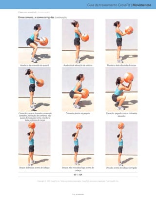 Guia de treinamento CrossFit | Movimentos
V1.0_20150615.KWV1.0_20150615.KW
60 de 124
Copyright © 2015 CrossFit, Inc. Todos os direitos reservados. CrossFit é uma marca registrada ® da CrossFit, Inc.
Ausência de extensão do quadril Manter a bola afastada do corpoAusência de elevação de ombros
Correções: braços travados, extensão
completa, elevação dos ombros, não
puxar demais para cima, manter a
bola próxima do corpo
Cotovelos lentos na pegada Correção: pegada com os cotovelos
elevados
Braços dobrados acima da cabeça Braços não esticados logo acima da
cabeça
Posição acima da cabeça corrigida
Erros comuns... e como corrigi-los (continuação)
Clean com a med ball... (continuação)
 
