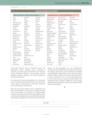Guia de treinamento CrossFit | Nutrição
V1.0_20150615.KW
70 de 124
Copyright © 2015 CrossFit, Inc. Todos os direitos reservados. CrossFit é uma marca registrada ® da CrossFit, Inc.
Índice glicêmico... (continuação)
Você pode observar que os “alimentos bons” são
geralmente carnes, vegetais, frutas, castanhas e
sementes, enquanto que os “alimentos ruins” incluem
muitos alimentos artificiais ou processados. Existem
algumas exceções notáveis, mas essa tendência é
certamente educativa.
Os alimentos com alto índice glicêmico, ou “alimentos
ruins” são tradicionalmente alimentos com alto teor de
amido, doces ou processados, como pão, macarrão,
arroz, batata, grãos e sobremesas.
Mais de uma pessoa observou que os alimentos com
baixo índice glicêmico têm prazo de validade limitado
e são encontrados no perímetro do supermercado,
enquantoqueosalimentoscomaltoíndiceglicêmicotêm
um prazo de validade mais longo e são tradicionalmente
encontrados nas gôndolas no centro do supermercado.
Lista de compras da CrossFit
Abóbora-acorn
Feijão assado
Beterraba
Feijão-fradinho
Abóbora-
butternut
Cenoura cozida
Milho
Batata frita
Abóbora-hubbard
Feijão-de-lima
Mandioquinha
Ervilha
Feijão-carioca
Batata
Feijão amassado
Batata-doce
Nabo
Banana
Oxicocos
(Cranberry)
Tâmara
Figo
Goiaba
Manga
Mamão
Ameixa-seca
Uva-passa
Suco de fruta
Suco de vegetais
Pão bagel
Biscoito
Farelo de pão
Pão
Molho para
carnes
Trigo integral
Molho de pepino
doce
Cereal matinal
Amido de milho
Croissant
Croûton
Donut
Pão tipo English
Muffin
Granola
Canjiquinha
Torrada melba
Bolinho (Muffin)
Macarrão
instantâneo
Aveia instantânea
Panquecas
Pipoca
Arroz
Pãezinhos
Casca dura para
taco
Tortilha
Macarrão tipo
udon
Waffle
Molho de
churrasco
Ketchup
Molho rosê
Mel
Geleia
Açúcar
Xarope de bordo
Molho teriyaki
Chocolate
Salgadinho de
milho
Sorvete
Batata chips
Pretzels
Biscoito água-
e-sal
Melado
“Alimentos ruins” - Alto nível glicêmico
Água
Aveia
Ovos
Proteína em pó
Manteiga de
amendoim
Tahine
Azeitonas
Carne bovina
Queijo
Salsa mexicana
Feijão-preto
Feijão-roxo
Carne de peru
moída
Linguiça de soja
Frango
Linguiça de peru
Salmão
Peru
Atum enlatado
Frango enlatado
Hambúrguer de
soja
Queijo cottage
Amêndoas
Nozes
macadâmia
Abacate
Tofu
Tomate
Alface
Cebola
Cogumelos
Pepino
Mirtilo
Leite
Brócolis
Abobrinha
Maçã
Uva
Ameixa
Camarão
Maionese
Iogurte natural
Frios
Presunto
Leite de soja
Spirulina
Tempeh
Substituto de ovos
Óleo
Amendoim
Peixe-espada
Filé de atum
Molho de tomate
Espinafre
Cenoura
Laranja
Pera
Abacaxi
Couve-de-
bruxelas
Berinjela
Repolho azedo
Salsicha
Grão-de-bico
Carneiro
Carne de porco
Pepinos em
conserva
Soja em grãos
Aspargo
Melão-caipira
Morango
Pêssego
“Bons alimentos” - Baixo índice glicêmico
Apesar de esta abordagem ser uma simplificação
excessiva de muito da ciência da nutrição, ela tem a força
de repassar quase tudo o que é oferecido por regimes
mais detalhados e elaborados, como os de Sears, Eades,
Cordain, Atkins e Hellers. Coma mais “alimentos bons”
e menos “alimentos ruins” e você estará adquirindo
a maior parte do que os planos de alimentação mais
responsáveis têm a oferecer. Muitos de nossos amigos
fizeram uma transformação radical na sua saúde usando
esta única ferramenta.
 