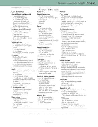 Guia de treinamento CrossFit | Nutrição
V1.0_20150615.KW
76 de 124
Copyright © 2015 CrossFit, Inc. Todos os direitos reservados. CrossFit é uma marca registrada ® da CrossFit, Inc.
Cardápios de três blocos
Café da manhã
Quesadilla de café da manhã
1 tortilha de milho
N xíc. de feijão-preto
L xíc. de cebola picada
1 pimentão verde picado
2 ovos (mexidos ou fritos)
28 g de queijo
3 colh. sopa de abacate
Sanduíche de café da manhã
K pão árabe
1 ovo (mexido ou frito)
28 g de queijo
28 g de presunto fatiado
Sirva com K maçã e 3 nozes
macadâmia
Salada de frutas
O xíc. de queijo cottage
N melão caipira cortado em
cubos
1 xíc. de morangos
K xíc. de uvas
Polvilhe com amêndoas fatiadas
Vitamina
Bata no liquidificador:
1 xíc. de leite
2 colh. sopa de proteína em pó
1 xíc. de morangos congelados
K xíc. de mirtilos congelados
1 medida de castanha de caju
Aveia
M xíc. de aveia cozida (um pouco
aguada)
K xíc. de uvas
K xíc. de queijo cottage
1 K colh. chá de nozes picadas
Tempere com extrato de baunilha
e canela
Acrescente 1 colh. sopa de
proteína em pó
Café da manhã fácil
O melão caipira cortado em
cubos
O xíc. de queijo cottage
9 amêndoas
Bife a cavalo
56 g de bife grelhado
1 ovo frito
1 fatia de pão torrado c/ 1 colh.
chá manteiga
N melão caipira cortado em
cubos
Almoço
Sanduíche de atum
85 g de atum enlatado
3 colh. chá de maionese light
1 fatia de pão
Sirva com:
K maçã
Tacos
2 tortilhas de milho
85 g de carne moída
temperada
28 g de queijo ralado
K tomate em cubos
N xíc. de cebola picada
Alface picada
Sirva como molho de pimenta
a gosto
~9 azeitonas picadas
Sanduíche de frios
1 fatia de pão
85 g de frios fatiados
28 g de queijo
3 colh. sopa de abacate
Sirva com K maçã
Quesadilla
1 tortilha de milho
85 g de queijo cheddar e
monterey jack
3 colh. sopa de guacamole
Pimentas jalapenho fatiadas
a gosto
Cubra com salsa mexicana
Sirva com 1 laranja
Salada de frango grelhado
85 g de frango grelhado
2 xíc. de alface
N tomate picado
N pepino picado
N pimentão verde picado
N xíc. de feijão-preto
N xíc. de feijão-roxo
~1 K colh. sopa de molho para
salada à sua escolha
Almoço fácil
85 g de frios fatiados
28 g de queijo fatiado
1 K maçã
3 nozes macadâmia
Jantar
Peixe fresco
127 g de peixe fresco grelhado
Refogue 1 L xíc. de abobrinha em
ervas
1 salada grande com 1 K colh. sopa de
molho para salada à sua escolha
1 xíc. de morangos frescos de
sobremesa
Chili (para 3 pessoas)
Refogue:
L xíc. de cebola picada
1 pimentão verde picado com alho,
cominho, pó de chili e pimentas
vermelhas moídas (variadas)
Acrescente:
255 g de carne de gado ou peru moída
até refogar completamente
Acrescente:
1 xíc. de molho de tomate
O xíc. de feijão-preto
O xíc. de feijão-roxo
~30 azeitonas picadas
Acrescente coentro fresco a gosto
Sirva cada porção com 28 g de queijo
ralado
Peru e verduras
85 g de peito de peru assado
Pique e cozinhe no vapor:
2 K xíc. de couve-galega
Refogue alho e pimentas vermelhas
moídas (variadas) em 1 colh. chá de
azeite de oliva.
Acrescente a couve galega-cozida no
vapor e misture.
1 pêssego fatiado de sobremesa
Jantar fácil
85 g de peito de frango assado
1 K laranja
3 nozes macadâmia
Guisado de bife
Refogue: 1 colh. chá de azeite de oliva
N xíc. de cebola picada
K pimentão verde picado
~170 g (peso cru) de carne bovina em
cubos
Acrescente:
1 xíc. de abobrinha picada
1 xíc. de cogumelos
K xíc. de molho de tomate
Tempere com alho, molho inglês, sal
e pimenta
Planos de refeições... (continuação)
 