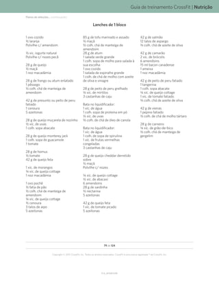 Guia de treinamento CrossFit | Nutrição
V1.0_20150615.KW
79 de 124
Copyright © 2015 CrossFit, Inc. Todos os direitos reservados. CrossFit é uma marca registrada ® da CrossFit, Inc.
Lanches de 1 bloco
1 ovo cozido
K laranja
Polvilhe c/ amendoim
K xíc. iogurte natural
Polvilhe c/ nozes pecã
28 g de queijo
K maçã
1 noz macadâmia
28 g de frango ou atum enlatado
1 pêssego
K colh. chá de manteiga de
amendoim
42 g de presunto ou peito de peru
fatiado
1 cenoura
5 azeitonas
28 g de queijo muçarela de nozinho
K xíc. de uvas
1 colh. sopa abacate
28 g de queijo monterey jack
1 colh. sopa de guacamole
1 tomate
28 g de homus
K tomate
42 g de queijo feta
1 xíc. de morangos
N xíc. de queijo cottage
1 noz macadâmia
1 ovo pochê
K fatia de pão
K colh. chá de manteiga de
amendoim
N xíc. de queijo cottage
K cenoura
3 talos de aipo
5 azeitonas
85 g de tofu marinado e assado
K maçã
K colh. chá de manteiga de
amendoim
28 g de atum
1 salada verde grande
1 colh. sopa de molho para salada à
sua escolha
1 ovo cozido
1 salada de espinafre grande
1 colh. de chá de molho com azeite
de oliva e vinagre
28 g de peito de peru grelhado
K xíc. de mirtilos
3 castanhas de caju
Bata no liquidificador:
1 xíc. de água
1 colh. sopa de proteína em pó
K xíc. de uvas
L colh. de chá de óleo de canola
Bata no liquidificador:
1 xíc. de água
1 colh. de sopa de spirulina
1 xíc. de frutas vermelhas
congeladas
3 castanhas de caju
28 g de queijo cheddar derretido
sobre
K maçã
Polvilhe c/ nozes
N xíc. de queijo cottage
K xíc. de abacaxi
6 amendoins
28 g de sardinha
K nectarina
5 azeitonas
42 g de queijo feta
1 xíc. de tomate picado
5 azeitonas
42 g de salmão
12 talos de aspargo
L colh. chá de azeite de oliva
42 g de camarão
2 xíc. de brócolis
6 amendoins
15 ml bacon canadense
1 ameixa
1 noz macadâmia
42 g de peito de peru fatiado
1 tangerina
1 colh. sopa abacate
N xíc. de queijo cottage
1 xíc. de tomate fatiado
L colh. chá de azeite de oliva
42 g de vieiras
1 pepino fatiado
K colh. de chá de molho tártaro
28 g de carneiro
N xíc. de grão-de-bico
L colh. chá de manteiga de
gergelim
Planos de refeições... (continuação)
 