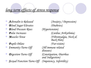 long term effects of stress response

   Adrenalin is Released              (Anxiety / Depression)
   Blood Sugar Elevates               (Diabetes)
   Blood Pressure Rises      (Hypertension)
   Pulse Increases                    (Cardiac Arrhythmia)
   Muscles Tense                      (Fibromyalgia, Neck &
                                       Back Pain)
   Pupils Dilate                      (Far-vision)
   Immunity Turns Off        (All immune related
                              diseases)
   Digestion Turns Off       (Constipation, Diarrhea
                              and Indigestion)
   Sexual Function Turns Off (Impotency, Infertility)
 