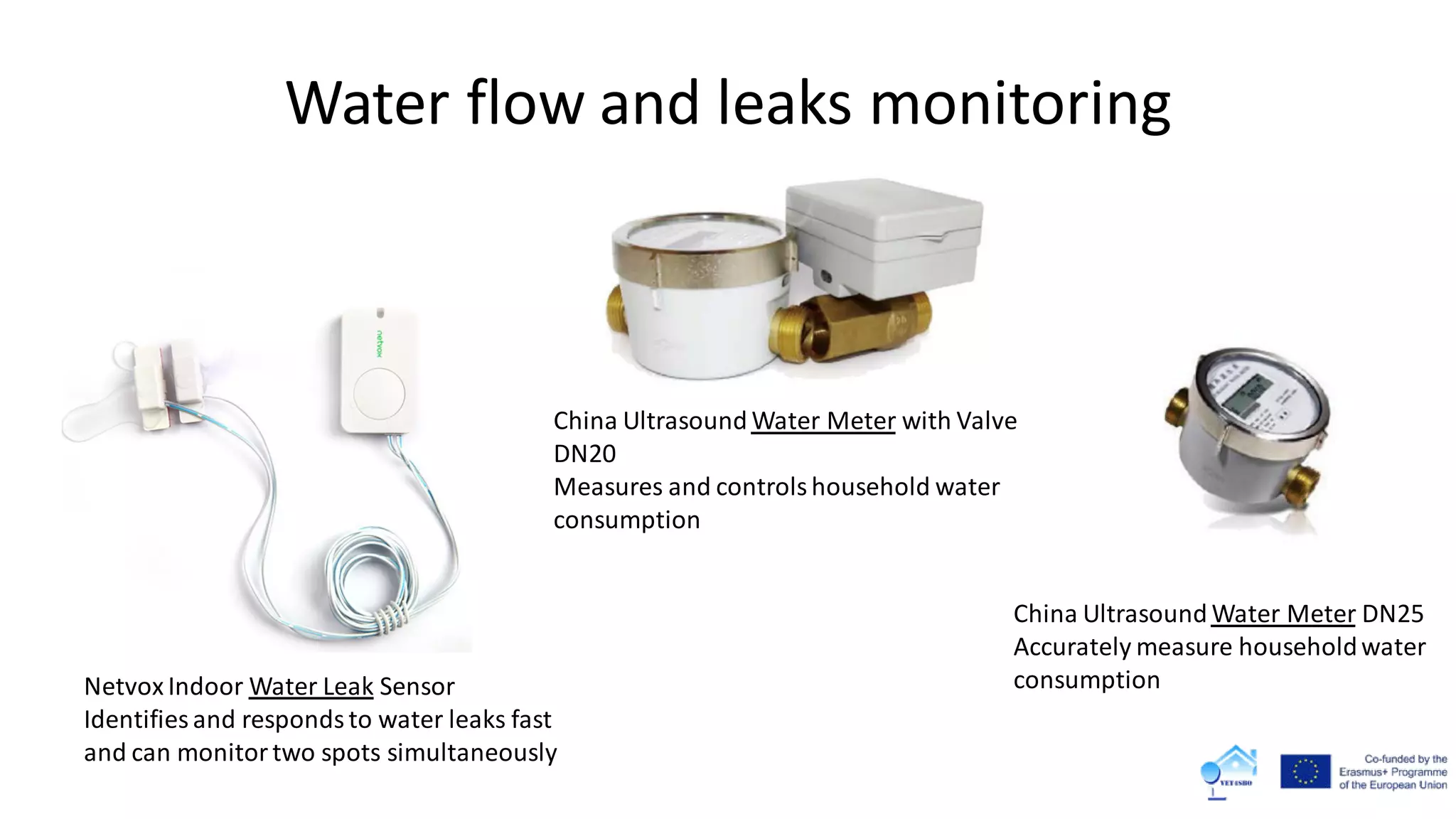 Water flow and leaks monitoring
China Ultrasound Water Meter DN25
Accurately measure householdwater
consumptionNetvox Indoor Water Leak Sensor
Identifies and respondsto water leaks fast
and can monitortwo spots simultaneously
China Ultrasound Water Meter with Valve
DN20
Measures and controlshousehold water
consumption
 