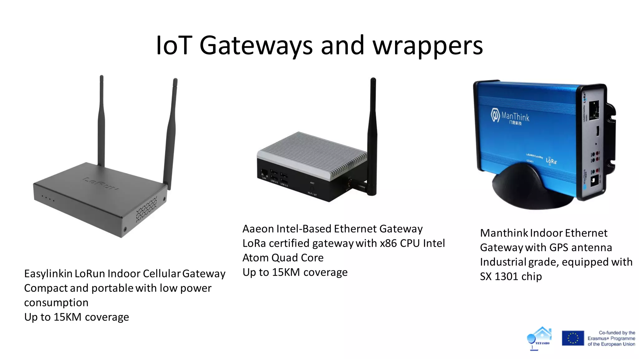 IoT Gateways and wrappers
Aaeon Intel-Based Ethernet Gateway
LoRa certified gatewaywith x86 CPU Intel
Atom Quad Core
Up to 15KM coverageEasylinkinLoRun Indoor CellularGateway
Compact and portablewith low power
consumption
Up to 15KM coverage
ManthinkIndoorEthernet
Gatewaywith GPS antenna
Industrialgrade, equipped with
SX 1301 chip
 
