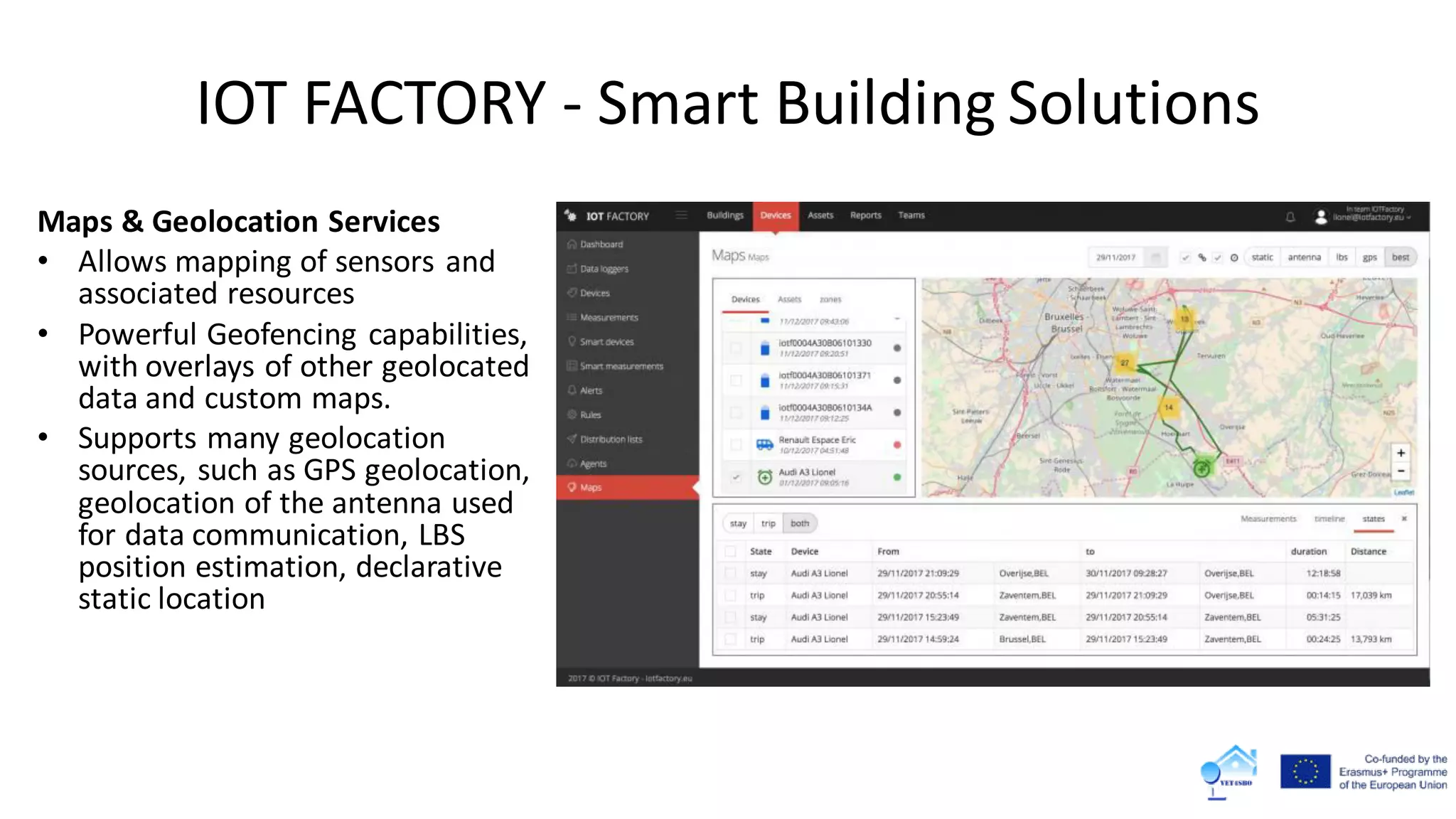 IOT FACTORY - Smart Building Solutions
Maps & Geolocation Services
• Allows mapping of sensors and
associated resources
• Powerful Geofencing capabilities,
with overlays of other geolocated
data and custom maps.
• Supports many geolocation
sources, such as GPS geolocation,
geolocation of the antenna used
for data communication, LBS
position estimation, declarative
static location
 