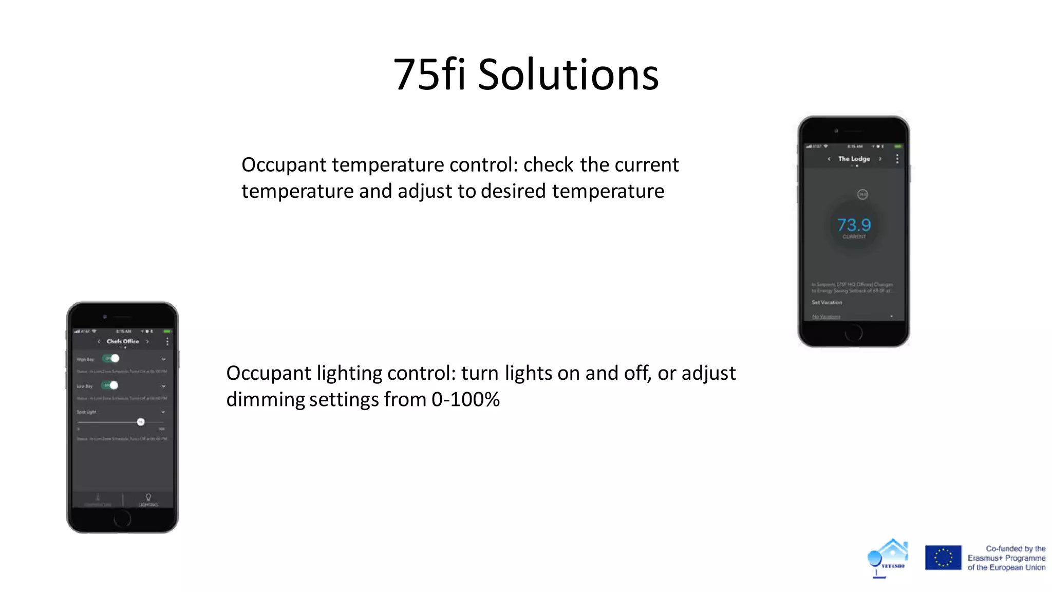 75fi Solutions
Occupant lighting control: turn lights on and off, or adjust
dimming settings from 0-100%
Occupant temperature control: check the current
temperature and adjust to desired temperature
 