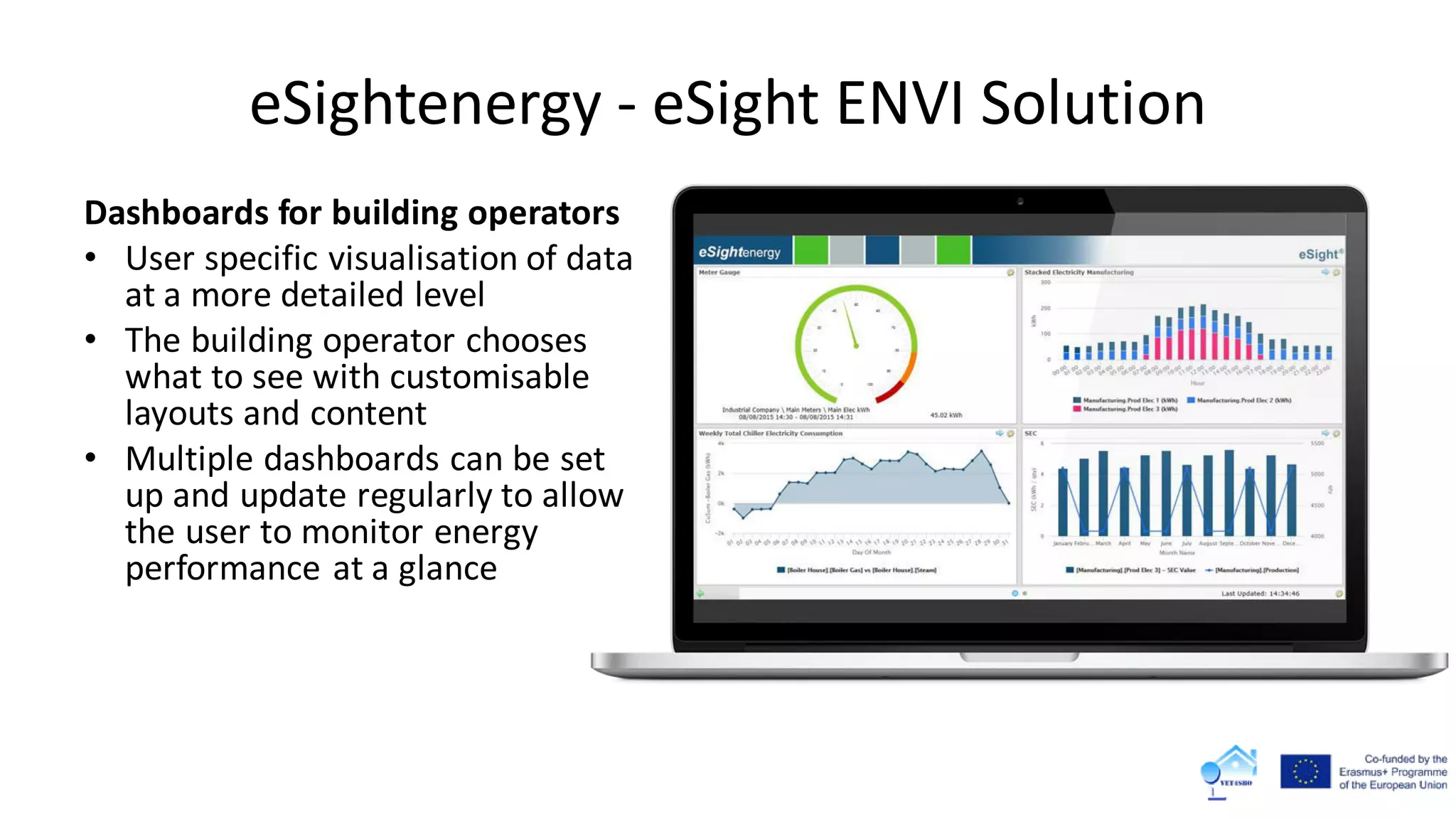 eSightenergy - eSight ENVI Solution
Dashboards for building operators
• User specific visualisation of data
at a more detailed level
• The building operator chooses
what to see with customisable
layouts and content
• Multiple dashboards can be set
up and update regularly to allow
the user to monitor energy
performance at a glance
 