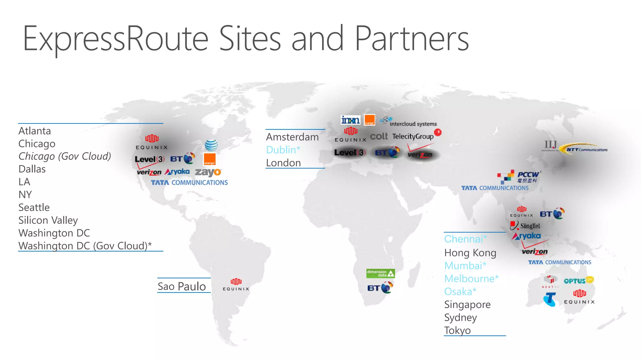 ExpressRoute Sites and Partners
Atlanta
Chicago
Chicago (Gov Cloud)
Dallas
LA
NY
Seattle
Silicon Valley
Washington DC
Washington DC (Gov Cloud)*
Sao Paulo
Amsterdam
Dublin*
London
Chennai*
Hong Kong
Mumbai*
Melbourne*
Osaka*
Singapore
Sydney
Tokyo
 