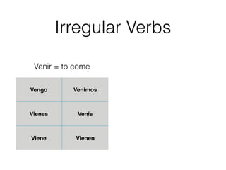 Irregular Verbs 
Venir = to come 
Vengo Venimos 
Vienes Venís 
Viene Vienen 
 