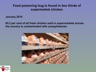 Food poisoning bug is found in two thirds of
               supermarket chicken

January 2010

65.2 per cent of all fresh chicken sold in supermarkets across
the country is contaminated with campylobacter.
 