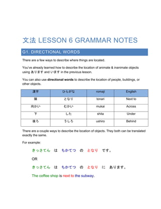 文法 LESSON 6 GRAMMAR NOTES
G1. DIRECTIONAL WORDS
There are a few ways to describe where things are located.
You’ve already learned how to describe the location of animate & inanimate objects
using あります and います in the previous lesson.
You can also use directional words to describe the location of people, buildings, or
other objects.
漢字 ひらがな romaji English
隣 となり tonari Next to
向かい むかい mukai Across
下 した shita Under
後ろ うしろ ushiro Behind
There are a couple ways to describe the location of objects. They both can be translated
exactly the same.
For example:
きっさてん	
  は	
  ちかてつ	
  の	
  となり	
  です。
OR
きっさてん	
  は	
  ちかてつ	
  の	
  となり	
  に	
  あります。
The coffee shop is next to the subway.
 