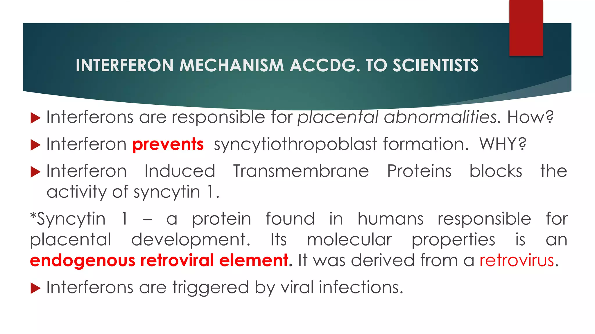 INTERFERON MECHANISM ACCDG. TO SCIENTISTS
 Interferons are responsible for placental abnormalities. How?
 Interferon prevents syncytiothropoblast formation. WHY?
 Interferon Induced Transmembrane Proteins blocks the
activity of syncytin 1.
*Syncytin 1 – a protein found in humans responsible for
placental development. Its molecular properties is an
endogenous retroviral element. It was derived from a retrovirus.
 Interferons are triggered by viral infections.
 