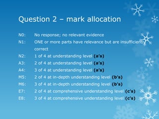 Question 2 – mark allocation
N0: No response; no relevant evidence
N1: ONE or more parts have relevance but are insufficiently
correct
N2: 1 of 4 at understanding level (a’s)
A3: 2 of 4 at understanding level (a’s)
A4: 3 of 4 at understanding level (a’s)
M5: 2 of 4 at in-depth understanding level (b’s)
M6: 3 of 4 at in-depth understanding level (b’s)
E7: 2 of 4 at comprehensive understanding level (c’s)
E8: 3 of 4 at comprehensive understanding level (c’s)
 