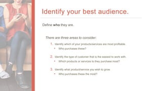 Identify your best audience.
Define who they are.
There are three areas to consider:
1. Identify which of your products/se...