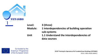 ECVET Training for Operatorsof IoT-enabledSmart Buildings (VET4SBO)
2018-1-RS01-KA202-000411
Level: 3 (three)
Module: 1 Interdependencies of building operation
sub-systems
Unit 1.1 Understand the interdependencies of
data sources
 