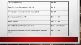 Jazz-based harmony Bar 48
Push Rhythms (Syncopated rhythms) Bar 4
Tritone (devil in music) interval. G sharp to D Bar 17
Extensive use of short riffs Bars 13 - 14
Cross rhythms Bars 81 - 88
Layered textures of independent parts In the orchestration
Combination of snappy short phrases and long sustained
notes
Bars 13 - 14
 