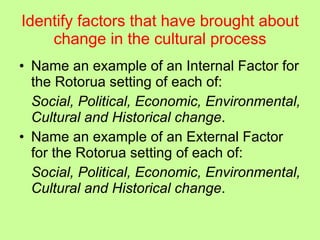 Identify factors that have brought about change in the cultural process Name an example of an Internal Factor for the Rotorua setting of each of: Social, Political, Economic, Environmental, Cultural and Historical change . Name an example of an External Factor for the Rotorua setting of each of: Social, Political, Economic, Environmental, Cultural and Historical change . 