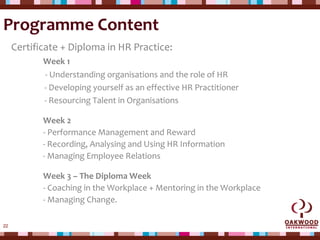 22
Programme Content
Certificate + Diploma in HR Practice:
Week 1
- Understanding organisations and the role of HR
- Developing yourself as an effective HR Practitioner
- Resourcing Talent in Organisations
Week 2
- Performance Management and Reward
- Recording, Analysing and Using HR Information
- Managing Employee Relations
Week 3 – The Diploma Week
- Coaching in the Workplace + Mentoring in the Workplace
- Managing Change.
 