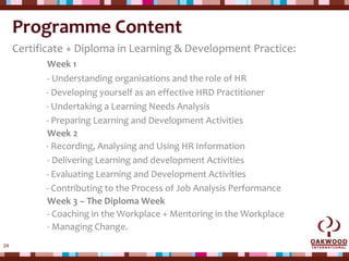 24
Programme Content
Certificate + Diploma in Learning & Development Practice:
Week 1
- Understanding organisations and the role of HR
- Developing yourself as an effective HRD Practitioner
- Undertaking a Learning Needs Analysis
- Preparing Learning and Development Activities
Week 2
- Recording, Analysing and Using HR Information
- Delivering Learning and development Activities
- Evaluating Learning and Development Activities
- Contributing to the Process of Job Analysis Performance
Week 3 – The Diploma Week
- Coaching in the Workplace + Mentoring in the Workplace
- Managing Change.
 
