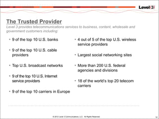 The Trusted Provider
Level 3 provides telecommunications services to business, content, wholesale and
government customers including:

 • 9 of the top 10 U.S. banks                         • 4 out of 5 of the top U.S. wireless
                                                          service providers
 • 9 of the top 10 U.S. cable
   providers                                          • Largest social networking sites

 • Top U.S. broadcast networks                        • More than 200 U.S. federal
                                                          agencies and divisions
 • 9 of the top 10 U.S. Internet
   service providers                                  • 18 of the world’s top 20 telecom
                                                          carriers
 • 9 of the top 10 carriers in Europe




                             © 2012 Level 3 Communications, LLC. All Rights Reserved.         12
 