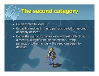 The second category

Could evolve to level 5
Capability resides in them, perhaps buried or ignored
or simply nascent
Under the right circumstances – with self-reflection,
a mentor, a significant life experience, loving
parents, or other factors – the seed can begin to
develop
 