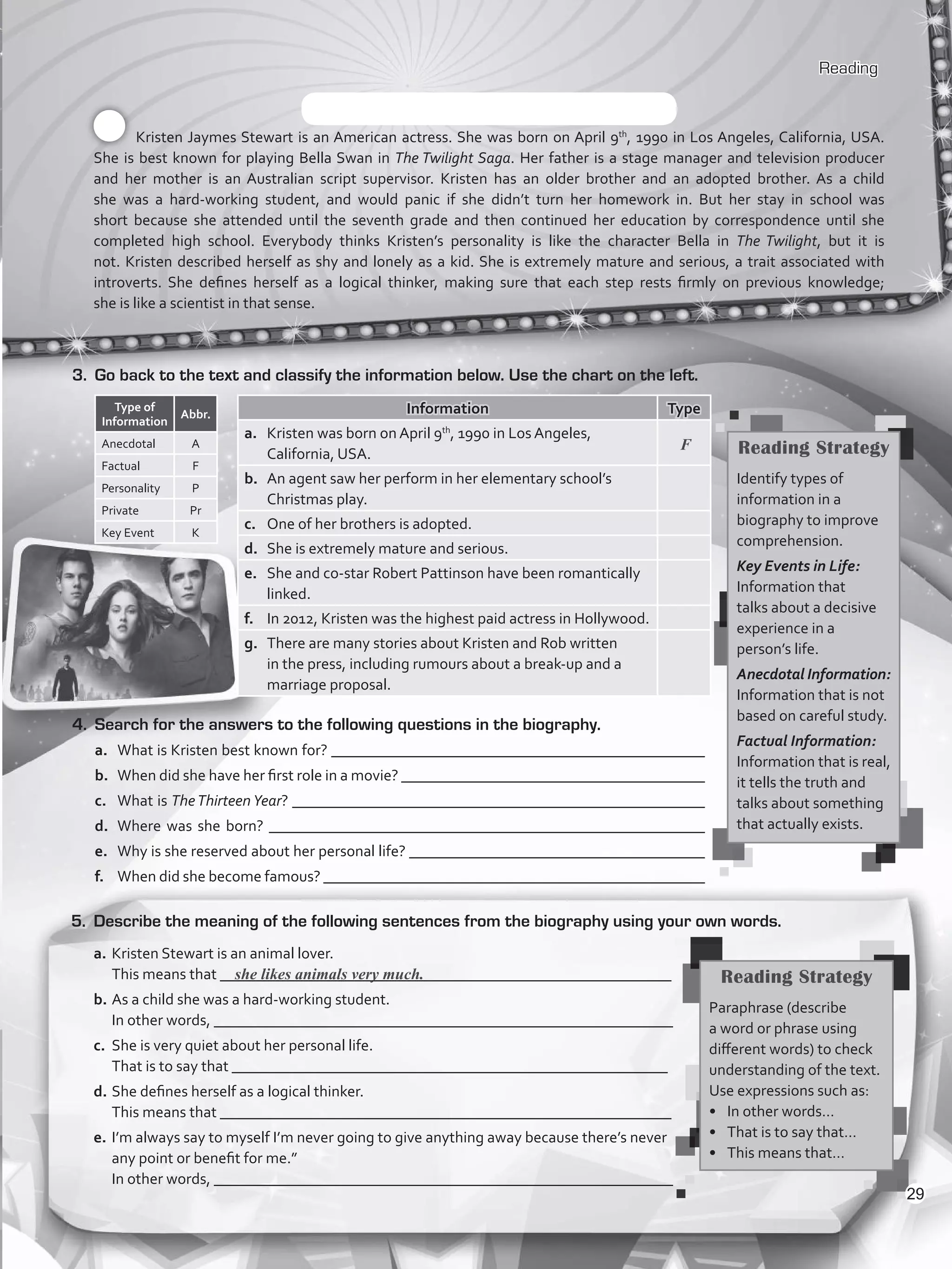Reading
Kristen Jaymes Stewart is an American actress. She was born on April 9th
, 1990 in Los Angeles, California, USA.
She is best known for playing Bella Swan in The Twilight Saga. Her father is a stage manager and television producer
and her mother is an Australian script supervisor. Kristen has an older brother and an adopted brother. As a child
she was a hard-working student, and would panic if she didn’t turn her homework in. But her stay in school was
short because she attended until the seventh grade and then continued her education by correspondence until she
completed high school. Everybody thinks Kristen’s personality is like the character Bella in The Twilight, but it is
not. Kristen described herself as shy and lonely as a kid. She is extremely mature and serious, a trait associated with
introverts. She defines herself as a logical thinker, making sure that each step rests firmly on previous knowledge;
she is like a scientist in that sense.
3.	 Go back to the text and classify the information below. Use the chart on the left.
Information Type
a.	 Kristen was born on April 9th
, 1990 in Los Angeles,
California, USA.
b.	 An agent saw her perform in her elementary school’s
Christmas play.
c.	 One of her brothers is adopted.
d.	 She is extremely mature and serious.
e.	 She and co-star Robert Pattinson have been romantically
linked.
f.	 In 2012, Kristen was the highest paid actress in Hollywood.
g.	 There are many stories about Kristen and Rob written
in the press, including rumours about a break-up and a
marriage proposal.
Type of
Information
Abbr.
Anecdotal A
Factual F
Personality P
Private Pr
Key Event K
4.	 Search for the answers to the following questions in the biography.
a.	 What is Kristen best known for? ________________________________________________
b.	 When did she have her first role in a movie? _______________________________________
c.	 What is TheThirteen Year? _____________________________________________________
d.	 Where was she born? ________________________________________________________
e.	 Why is she reserved about her personal life? ______________________________________
f.	 When did she become famous? _________________________________________________
a.	Kristen Stewart is an animal lover.
	 This means that __________________________________________________________
b.	As a child she was a hard-working student.
	 In other words, ___________________________________________________________
c.	 She is very quiet about her personal life.
	 That is to say that ________________________________________________________
d.	She defines herself as a logical thinker.
	 This means that __________________________________________________________
e.	I’m always say to myself I’m never going to give anything away because there’s never
any point or benefit for me.”
	 In other words, ___________________________________________________________
she likes animals very much. Reading Strategy
Paraphrase (describe
a word or phrase using
different words) to check
understanding of the text.
Use expressions such as:
•	 In other words…
•	 That is to say that…
•	 This means that…
5.	 Describe the meaning of the following sentences from the biography using your own words.
F Reading Strategy
Identify types of
information in a
biography to improve
comprehension.
Key Events in Life:
Information that
talks about a decisive
experience in a
person’s life.
Anecdotal Information:
Information that is not
based on careful study.
Factual Information:
Information that is real,
it tells the truth and
talks about something
that actually exists.
29
VP5_WB_UNIT_3.indd 29 3/23/16 9:43 AM
 
