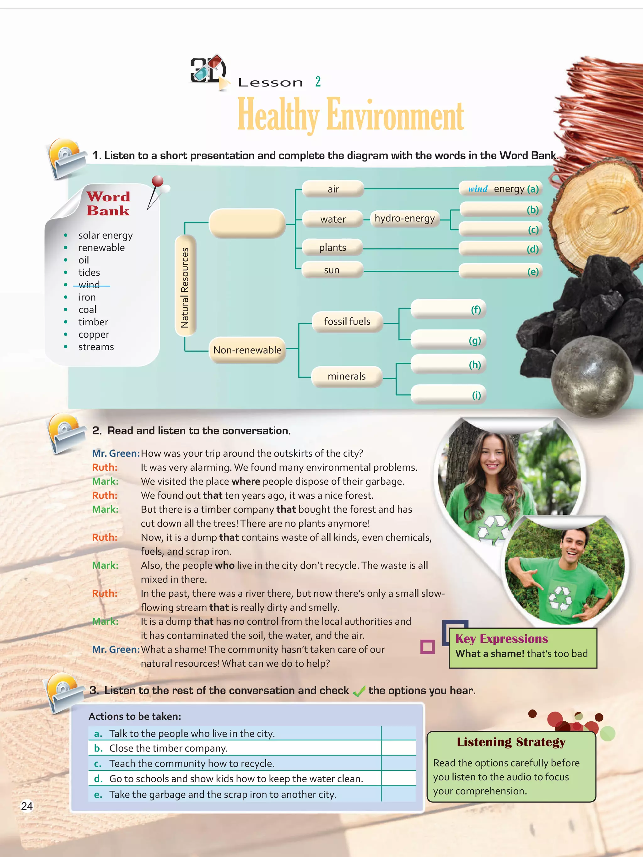 Lesson  2
HealthyEnvironment
2.	 Read and listen to the conversation.
1. Listen to a short presentation and complete the diagram with the words in the Word Bank.
a.	 Talk to the people who live in the city.
b.	 Close the timber company.
c.	 Teach the community how to recycle.
d.	 Go to schools and show kids how to keep the water clean.
e.	 Take the garbage and the scrap iron to another city.
3.	 Listen to the rest of the conversation and check the options you hear.
Mr. Green:	How was your trip around the outskirts of the city?
Ruth: 	 It was very alarming.We found many environmental problems.
Mark: 	 We visited the place where people dispose of their garbage.
Ruth: 	 We found out that ten years ago, it was a nice forest.
Mark: 	 But there is a timber company that bought the forest and has
cut down all the trees!There are no plants anymore!
Ruth: 	 Now, it is a dump that contains waste of all kinds, even chemicals,
fuels, and scrap iron.
Mark: 	 Also, the people who live in the city don’t recycle.The waste is all
mixed in there.
Ruth: 	 In the past, there was a river there, but now there’s only a small slow-
flowing stream that is really dirty and smelly.
Mark: 	 It is a dump that has no control from the local authorities and
it has contaminated the soil, the water, and the air.
Mr. Green:	What a shame!The community hasn’t taken care of our
natural resources!What can we do to help?
Listening Strategy
Read the options carefully before
you listen to the audio to focus
your comprehension.
Word
Bank
•	 solar energy
•	 renewable
•	 oil
•	 tides
•	 wind
•	 iron
•	 coal
•	 timber
•	 copper
•	 streams
NaturalResources
Non-renewable
(a)
(d)
(e)
(b)
(c)
fossil fuels
minerals
energy
(f)
(g)
(h)
(i)
air
plants
Key Expressions
What a shame! that’s too bad
Actions to be taken:
water
sun
hydro-energy
wind
24
VP5 U2.indd 24 23/03/2016 08:20:23 a.m.
 