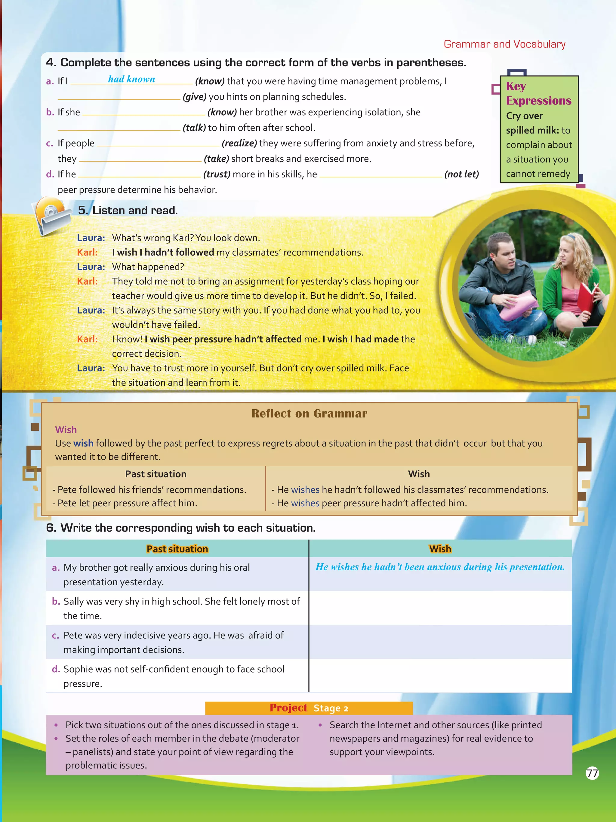 Grammar and Vocabulary
Key
Expressions
Cry over
spilled milk: to
complain about
a situation you
cannot remedy
•	 Pick two situations out of the ones discussed in stage 1.
•	 Set the roles of each member in the debate (moderator
– panelists) and state your point of view regarding the
problematic issues.
•	 Search the Internet and other sources (like printed
newspapers and magazines) for real evidence to
support your viewpoints.
Project  Stage 2
4.	Complete the sentences using the correct form of the verbs in parentheses.
a.	If I (know) that you were having time management problems, I
(give) you hints on planning schedules.
b.	If she (know) her brother was experiencing isolation, she
(talk) to him often after school.
c.	 If people (realize) they were suffering from anxiety and stress before,
they (take) short breaks and exercised more.
d.	If he (trust) more in his skills, he (not let)
peer pressure determine his behavior.
5.	Listen and read.
Laura:	 What’s wrong Karl?You look down.
Karl:	 I wish I hadn’t followed my classmates’ recommendations.
Laura:	 What happened?
Karl:	 They told me not to bring an assignment for yesterday’s class hoping our
teacher would give us more time to develop it. But he didn’t. So, I failed.
Laura:	 It’s always the same story with you. If you had done what you had to, you
wouldn’t have failed.
Karl:	 I know! I wish peer pressure hadn’t affected me. I wish I had made the
correct decision.
Laura:	 You have to trust more in yourself. But don’t cry over spilled milk. Face
the situation and learn from it.
6.	Write the corresponding wish to each situation.
Past situation Wish
a.	My brother got really anxious during his oral
presentation yesterday.
He wishes he hadn’t been anxious during his presentation.
b.	Sally was very shy in high school. She felt lonely most of
the time.
c.	 Pete was very indecisive years ago. He was afraid of
making important decisions.
d.	Sophie was not self-confident enough to face school
pressure.
Reflect on Grammar
Wish
Use wish followed by the past perfect to express regrets about a situation in the past that didn’t occur but that you
wanted it to be different.
Past situation Wish
- Pete followed his friends’ recommendations.
- Pete let peer pressure affect him.
- He wishes he hadn’t followed his classmates’ recommendations.
- He wishes peer pressure hadn’t affected him.
had known
77
VP5 Unidad 6.indd 77 23/03/2016 10:42:39 a.m.
 