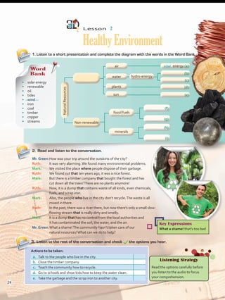 Lesson  2
HealthyEnvironment
2.	 Read and listen to the conversation.
1. Listen to a short presentation and complete the diagram with the words in the Word Bank.
a.	 Talk to the people who live in the city.
b.	 Close the timber company.
c.	 Teach the community how to recycle.
d.	 Go to schools and show kids how to keep the water clean.
e.	 Take the garbage and the scrap iron to another city.
3.	 Listen to the rest of the conversation and check the options you hear.
Mr. Green:	How was your trip around the outskirts of the city?
Ruth: 	 It was very alarming.We found many environmental problems.
Mark: 	 We visited the place where people dispose of their garbage.
Ruth: 	 We found out that ten years ago, it was a nice forest.
Mark: 	 But there is a timber company that bought the forest and has
cut down all the trees!There are no plants anymore!
Ruth: 	 Now, it is a dump that contains waste of all kinds, even chemicals,
fuels, and scrap iron.
Mark: 	 Also, the people who live in the city don’t recycle.The waste is all
mixed in there.
Ruth: 	 In the past, there was a river there, but now there’s only a small slow-
flowing stream that is really dirty and smelly.
Mark: 	 It is a dump that has no control from the local authorities and
it has contaminated the soil, the water, and the air.
Mr. Green:	What a shame!The community hasn’t taken care of our
natural resources!What can we do to help?
Listening Strategy
Read the options carefully before
you listen to the audio to focus
your comprehension.
Word
Bank
•	 solar energy
•	 renewable
•	 oil
•	 tides
•	 wind
•	 iron
•	 coal
•	 timber
•	 copper
•	 streams
NaturalResources
Non-renewable
(a)
(d)
(e)
(b)
(c)
fossil fuels
minerals
energy
(f)
(g)
(h)
(i)
air
plants
Key Expressions
What a shame! that’s too bad
Actions to be taken:
water
sun
hydro-energy
wind
24
VP5 U2.indd 24 23/03/2016 08:20:23 a.m.
 