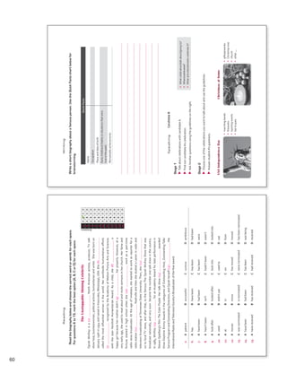 Answers
0ABCD
6ABCD
7ABCD
8ABCD
9ABCD
10ABCD
11ABCD
12ABCD
13ABCD
14ABCD
15ABCD
Reading
Readthebiographybelowandchoosethecorrectwordorwordsforeachspace.
Forquestions6to15,markthebestoption(A,B,CorD)foreachspace.
TheUnstoppableShiningCelebrity
OprahWinfreyisa(0)NorthAmericanactress,producer,TVtalk
showhost,businesswoman,politicalactivist,humanitarianandwriter.Shewasbornon
January29thin1954andraisedinKosciusko,Mississippi,USA.She(6)
calledthemostinfluentialwomanintheworld.Herworldwidehumanitarianefforts
(7)recognizedbytheAcademyofMotionPictureArtsandSciences
withtheJeanHersholtHumanitarianAward.Asachild,she(8)a
happygirlbecausehermotherdidn’t(9)herproperly.However,ata
veryearlyage,sheusedtoreadaloudandrecitesermonsinherchurch.Herfameand
fortunestartedinhighschoolwhenshe(10)workasapart-time
radionewsbroadcaster.Attheageofnineteen,shestartedtoworkasreporterfora
radiostation(11)Nashvilleandthenshestudiedacareerinradioand
televisionbroadcastingatTennesseeStateUniversity.Then,she(12)
ontolocalTVnews,andafterthat,tothefamousTheOprahWinfreyShowthatwas
broadcastnationally,andverysoonbecamethenumberonetalkshowinthecountry.
In1985,Winfrey(13)foranAcademyAwardforbestperformancein
StevenSpielberg’sfilmTheColorPurple.Hertalkshow(14)awarded
threeDaytimeEmmyAwardsinthecategoriesofOutstandingHost,OutstandingTalk/
ServiceProgramandOutstandingDirection,andOprahherself(15)the
InternationalRadioandTelevisionSociety’sBroadcasteroftheYearaward.
0.ApatientBsuccessfulCcuriousDambitious
6.AhasBhavebeenChasbeenDhadbeen
7.AhavebeenBhadbeenChasbeenDwere
8.Ahasn’tbeenBisn’tChadn’tbeenDwasn’t
9.AlookafterBlookedafterClookintoDlookedinto
10.AusedBdidn’tuseCusedtoDuse
11.AatBinConDfrom
12.AmovesBmoveChasmovedDmoved
13.AwasnominatedBisnominatedCwerenominatedDhasbeennominated
14.AhavebeenBhadbeenChasbeenDwasbeing
15.AhavereceivedBhasreceivedChadreceivedDreceived
VP5_TestTraining_B.indd6123/03/201608:01:37a.m.
Writing
Writeashortbiographyaboutafamousperson.UsetheQuickFactschartbelowfor
brainstorming.
QuickFacts
Name
Occupation
Placeanddateofbirth
Earlychildhood(habitsorsituationsthatwere
trueinthepast)
Remarkableachievements
SpeakingCandidateB
Stage1
uuTalkaboutcelebrationswithcandidateA.
uuFindoutcandidateA’scelebration.
uuAskhim/herquestionsusingtheguidelinesontheright.
•Whatcelebration/talkabout/goingto?
•When/celebrated?
•Whatactivities/done/tocelebrateit?
•marchingbands
•fireworks
•sportingevents
•bar-b-ques
USAIndependenceDayChristmasathome
•gifts/presents
•Christmastree
•church
•other...,
Stage2
uuChooseoneofthecelebrationsyouwanttotalkaboutandusetheguidelines.
uuAnswerstudentA’squestions.
VP5_TestTraining_B.indd6223/03/201608:01:39a.m.
60
VP5 TestTra B montaje.indd 60 3/30/16 10:05 AM
 