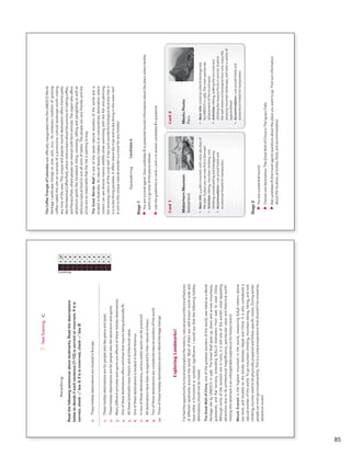 Reading
Readthefollowingsentencesaboutlandmarks.Readthedescriptions
belowtodecideifeachsentence(1-10)iscorrectorincorrect.Ifitis
correct,checkboxA.Ifitisincorrect,checkboxB.
0.TheseholidaydestinationsarelocatedinEurope.
1.Theseholidaydestinationsareforpeoplewholikepeaceandquiet.
2.Theseholidaydestinationsareforpeoplewholikeadventureandsports.
3.Manydifferentactivitiesandsportsareofferedattheseholidaydestinations.
4.Oneofthesedestinationsoffersactivitiesthatrequirebeingphysicallyfit.
5.Alltheselandmarkshavehistoricandarchitecturalvalue.
6.OneofthesedestinationsislocatedinSouthAmerica.
7.Intwoofthesedestinations,variouswatersportscanbepracticed.
8.Alldestinationshavebeenrecognizedfortheirnaturalrichness.
9.Twoofthesedestinationsareconsiderednaturalwondersoftheworld.
10.ThreeoftheseholidaydestinationsareonWorldHeritagelistings.
Answers
0AB
1AB
2AB
3AB
4AB
5AB
6AB
7AB
8AB
9AB
10AB
TestTrainingC
ExploringLandmarks!
I’vehadtheopportunitytotravelandexplorethehistoric,naturalandarchitecturalfeatures
ofdifferentlandmarksaroundtheworld.Mostofthemarewell-knownworld-wideand
haveeitherafunctionalorsymbolicsignificance.Iwouldsaythatthefollowingholiday
destinationsshouldnotbemissed.
TheGreatWallofChina,oneofthegreatestwondersoftheworld,waslistedasaWorld
HeritagesitebyUNESCOin1987.TheGreatWallgoesup,downandacrossmountains,
grasslands,andflatterrains,extending8,851.8kilometersfromeasttowestChina.
Althoughsomeofthesectionsareinruins,itisstilloneoftheworld’smostappealing
attractionsduetoitsarchitecturalmagnificence,spectacularviewsandhistoricalworth.
Visitingthislandmarkisanunforgettableexperienceforhistorylovers!
MountEverestisthehighestmountainintheworld,measuring8,848metersabove
sealevel,andlocatedontheborderbetweenNepalandChina.Itisalsoconsidereda
naturalwonderoftheworld.Togomountainclimbing,mountainbiking,hiking,androck
climbing,touristsneedtobephysicallypreparedandfollowspecificroutes.Duringwinter
peoplecanevengosnowboarding.Thisisauniqueexperiencethatshouldn’tbemissedby
adventurelovers!
VP5_TestTraining_C.indd8523/03/201608:04:11a.m.
TheCoffeeTriangleofColombiawasofficiallyinauguratedintotheUNESCOWorld
HeritageLandscapelistingsonJune25th,2011.Itscentenarytraditionofgrowing
coffeemakesthissiteanexampleofaproductiveculturallandscapeworthvisiting
anytimeoftheyear.Thisuniqueandpopulartouristdestinationoffersthemeparks
liketheNationalCoffeePark,wherevisitorslearnabouttheprocessofmakingcoffee,
andPanacaPark,wherepeoplecaninteractwithfarmanimals.Theregionalsooffers
adventuresportslikehorsebackriding,canoeing,raftingandparaglidingaswellas
delicioustypicalfoodtosuitallsortsoftastes.Thepeopleareveryfriendlyandthe
pricesaresoreasonablethattheriskiswantingtostay.
TheGreatBarrierReefisoneofthesevennaturalwondersoftheworldandis
locatedinAustralia.Itsnaturalbeautymakesitanextraordinarydestinationwhere
visitorscanseediversemarinewildlifewhileswimmingwiththefishandadmiring
theamazingcolorsofthecoralreef.Ithassuchwonderfulbiologicaldiversitythatit
isascubadivingparadise.Itoffersislanddaytripsandscubadivingintheouterreef.
Avisittothisuniquenaturalwonderisamustforanyholiday!
Card1
MatterhornMountain
Switzerland
•BasicInfo:4,478mmountainwithsnow365daysof
theyear.AplaceyoucanonlyfindinZermatt!
•Activities:Hiking,mountainclimbing,rock
climbing,snowboardingandtobogganing
•Accommodation:Low-pricedhotelsand
economicalhostelsforbackpackers
Card2
MachuPicchu
Peru
•BasicInfo:ListedasaWorldHeritagesite
byUNESCOin1983.Themostspectacular
achievementoftheIncaEmpire
•Activities:Hiking,walkingtheIncatrailand
climbingtheHuaynaPicchu’ssummit.Explore
thewell-knownarcheologicalIncaruins,enjoythe
amazingmountainlandscape,andtasteavarietyof
typicaldishes!
•Accommodation:Low-pricedhotelsand
economicalhostelsforbackpackers
Stage2
uuYouareapotentialtourist.
uuChooseonedestination:TheGreatWallofChinaorTheIguazuFalls
uuAskcandidateB(thetravelagent)questionsabouttheplaceyouwanttogo.Findoutinformation
aboutthelocation,activities,food,andaccommodation.
SpeakingCandidateA
Stage1
uuYouareatravelagent.GivecandidateB(apotentialtourist)informationabouttheplacewherehe/she
wantstogo(oneoftheplacesbelow).
uuUsetheguidelinesincards1and2toanswercandidateB’squestions.
VP5_TestTraining_C.indd8623/03/201608:04:12a.m.
85
VP5 TestTra C montaje.indd 85 3/30/16 10:30 AM
 